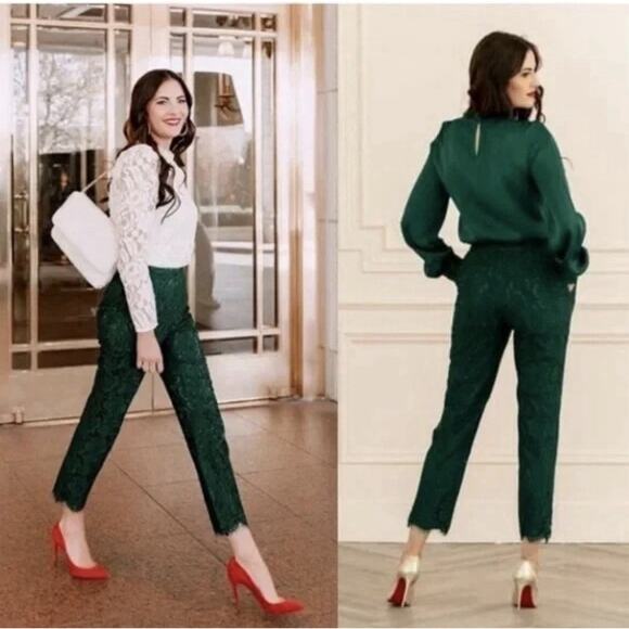 Rachel Parcell Pants - Rachel Parcell Botanica Lace Pants Women's 12 Green Scallop Hem Lined Romantic